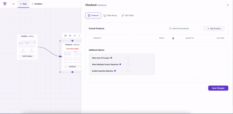 Add the funnel product at the checkout step settings