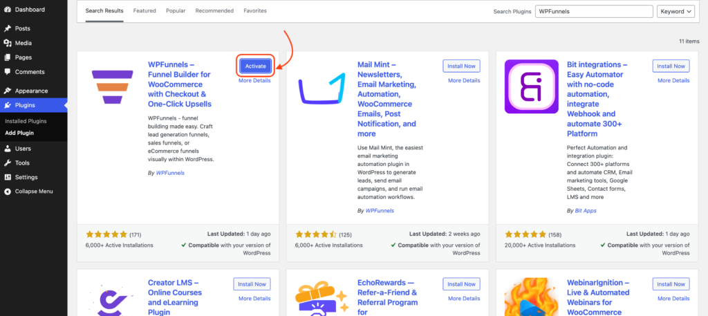 Click Activate WPFunnels Plugin
