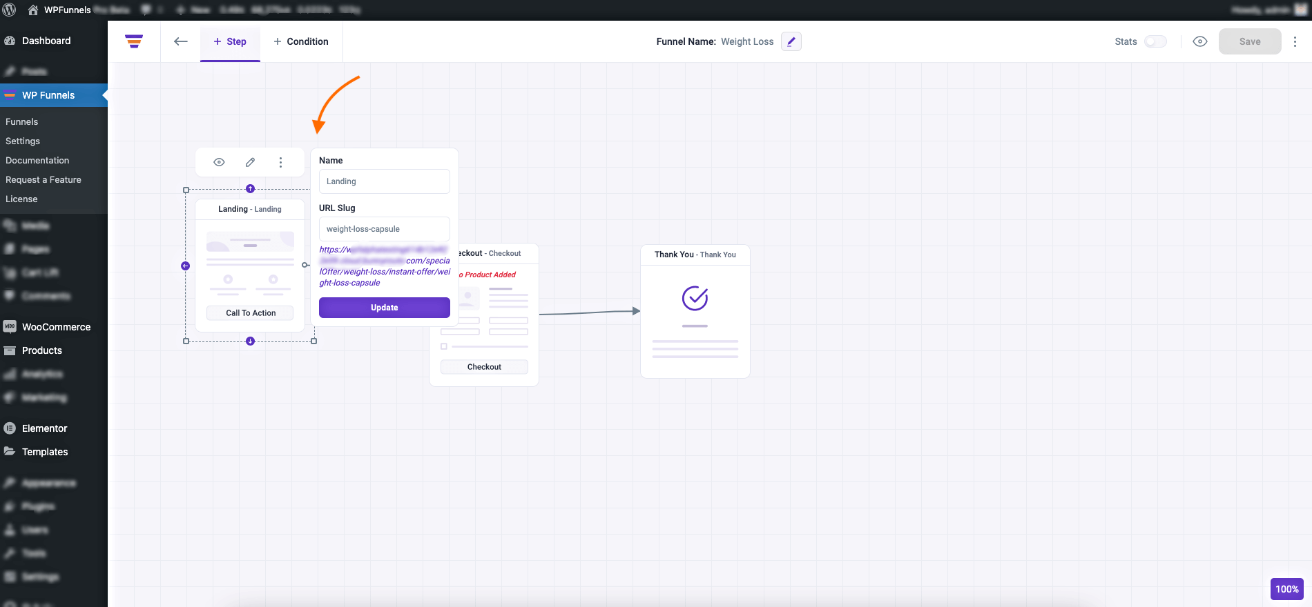 Landing step configure slug