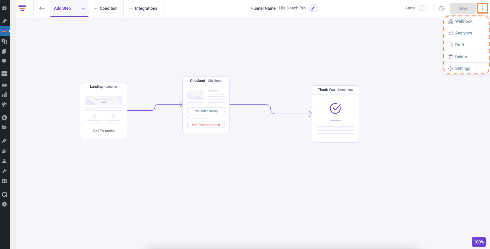 Settings on funnel canvas