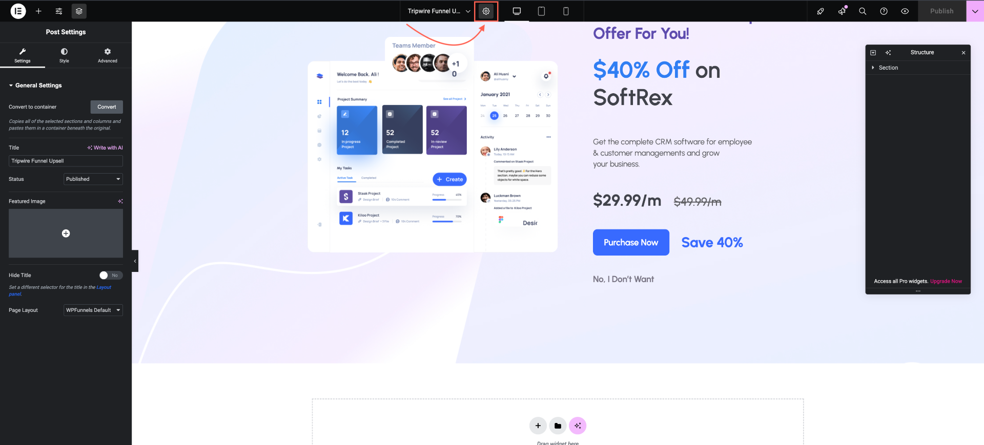 How To Design Upsell or Downsell Offer Page - Elementor 4 WPFunnels Elementor Settings Button