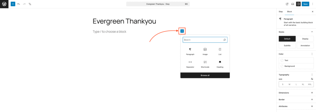 How To Design Your Funnel Thank You Page - Gutenberg 4 Add Plus Icon for Widget