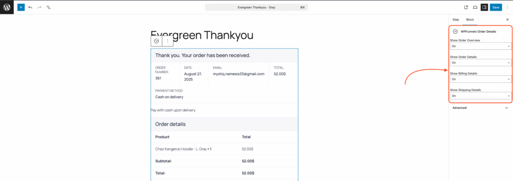 How To Design Your Funnel Thank You Page - Gutenberg 6 WPFunnels Order Details - Options
