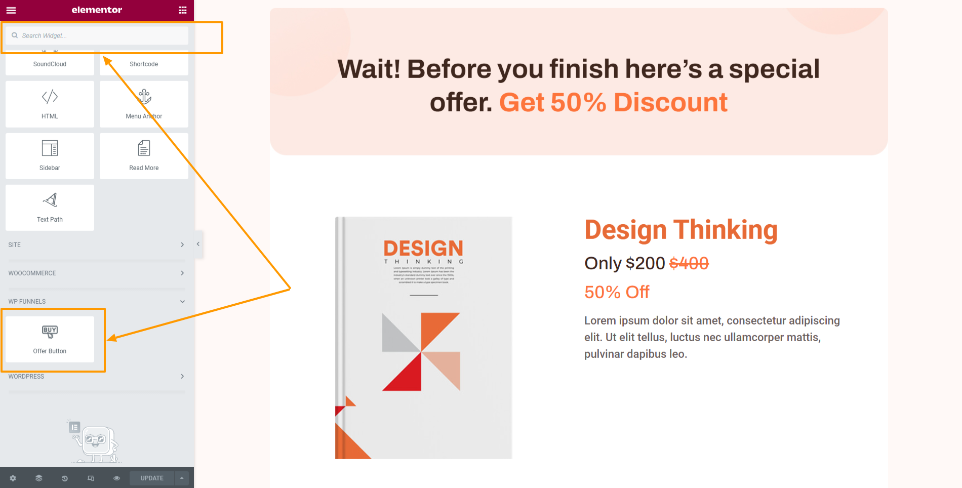 WP Funnels Offer Button Widget of Elementor