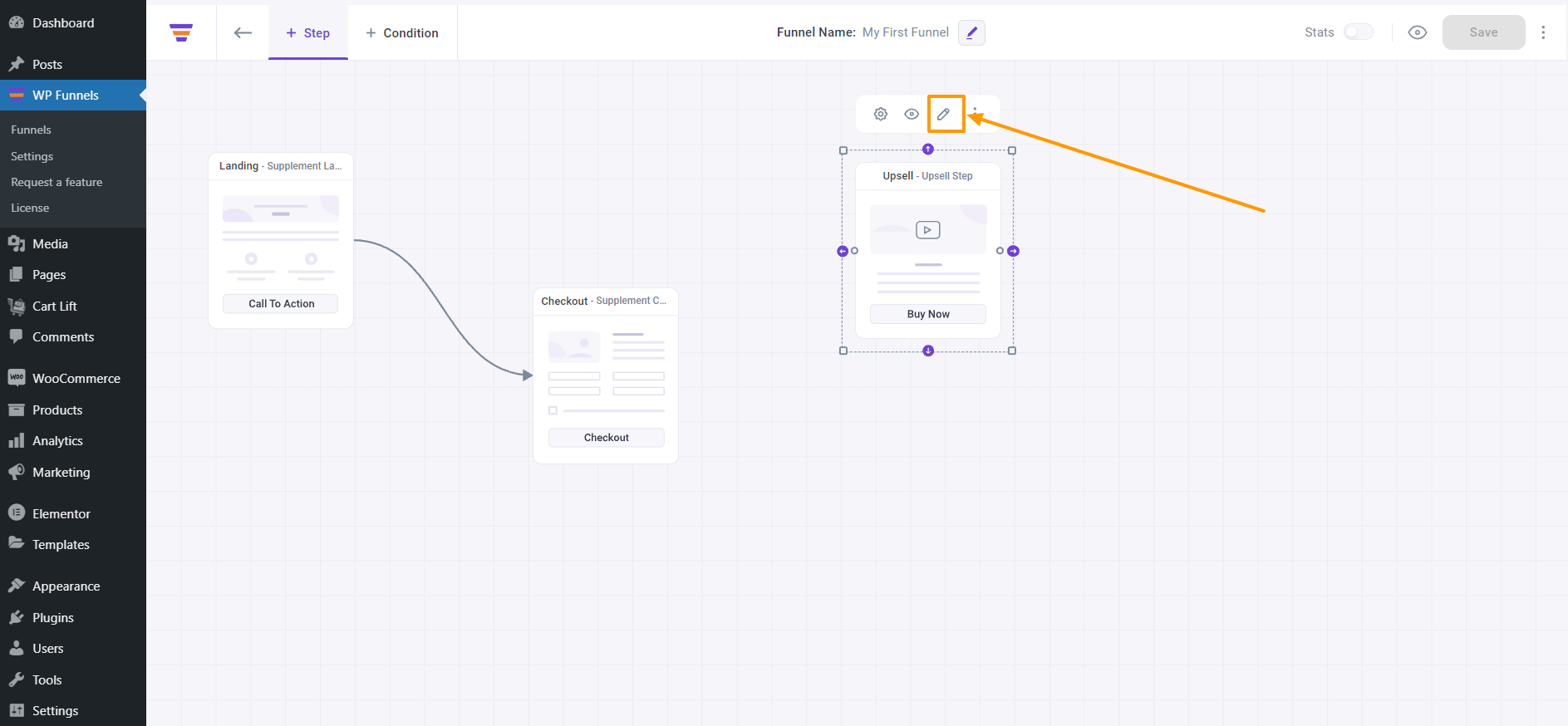 WP Funnels Upsell Page Edit With Elementor - Edit Button