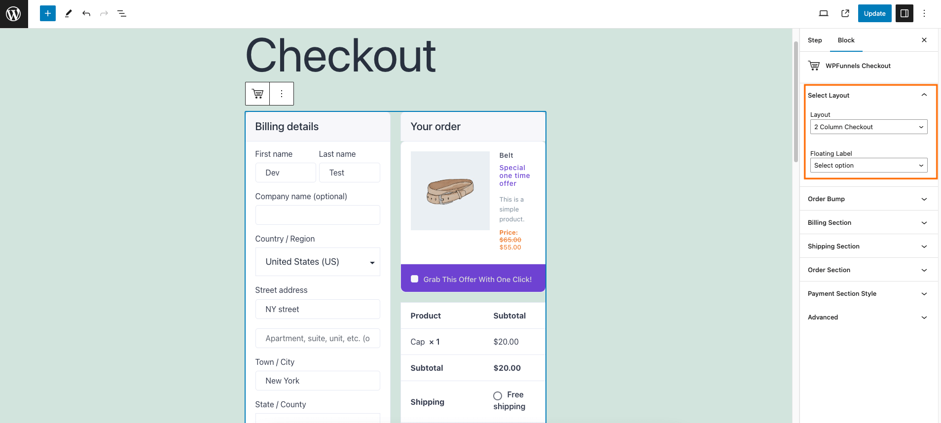 WPFunnels Block - checkout layout