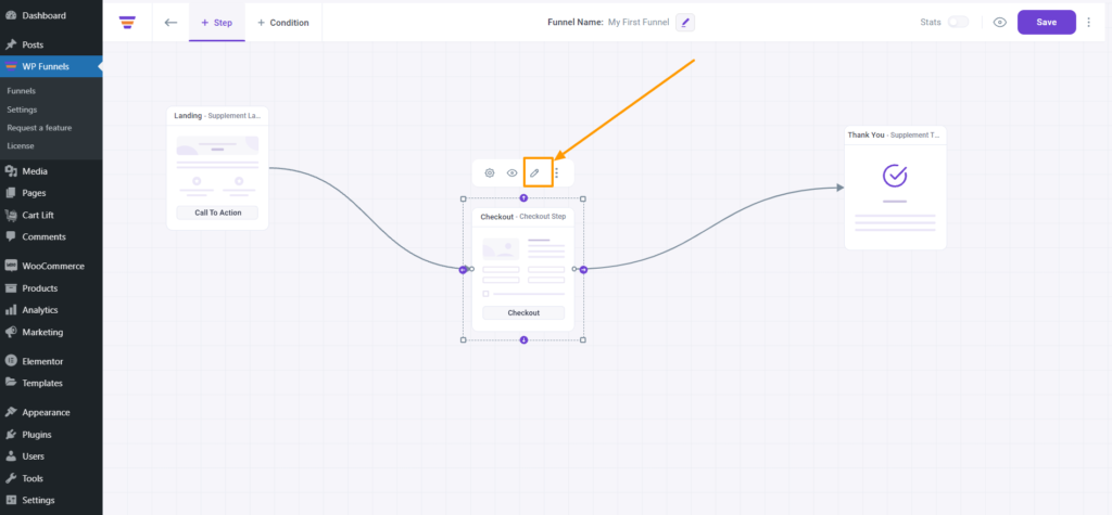 WPFunnels Checkout Step Edit Option