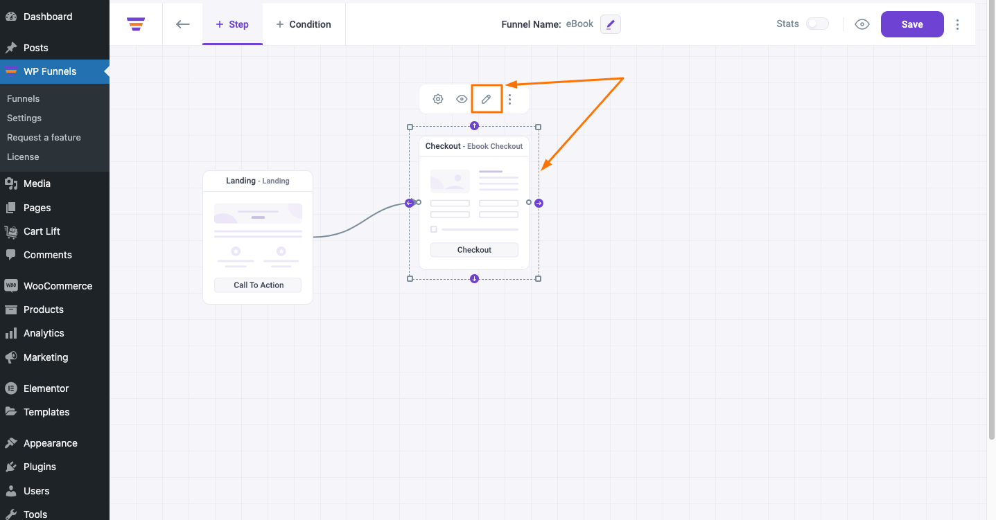 WPFunnels Checkout Step Edit Option