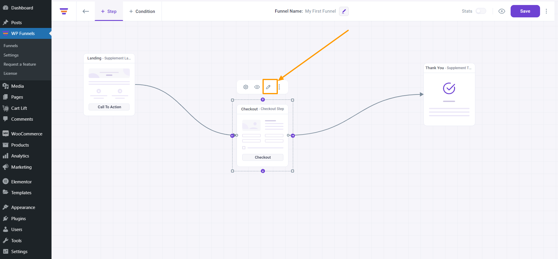 WPFunnels edit Checkout step