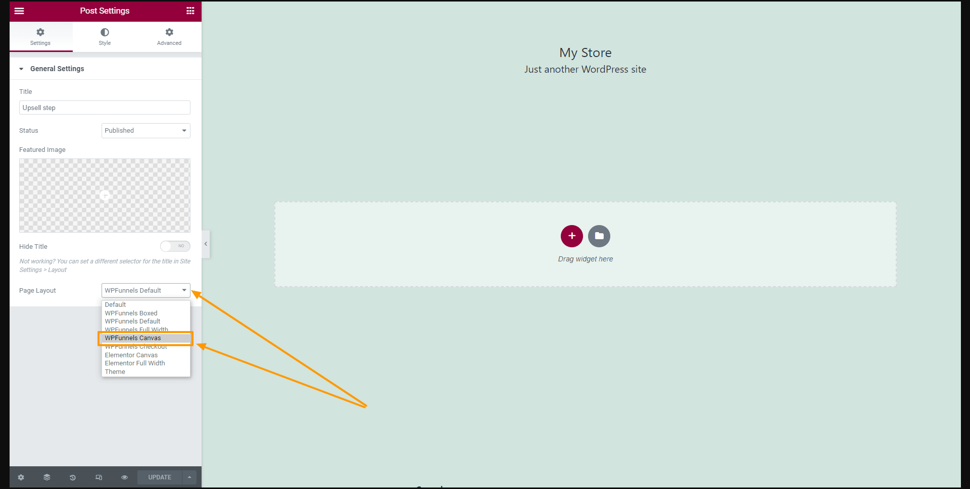 WPFunnels Elementor Canvas Type