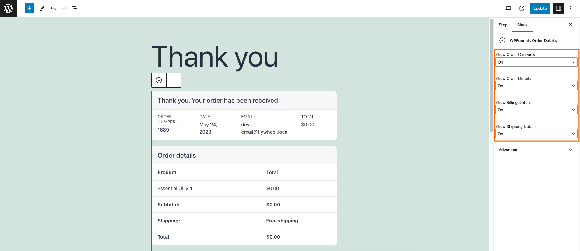 WPFunnels Order Details - options