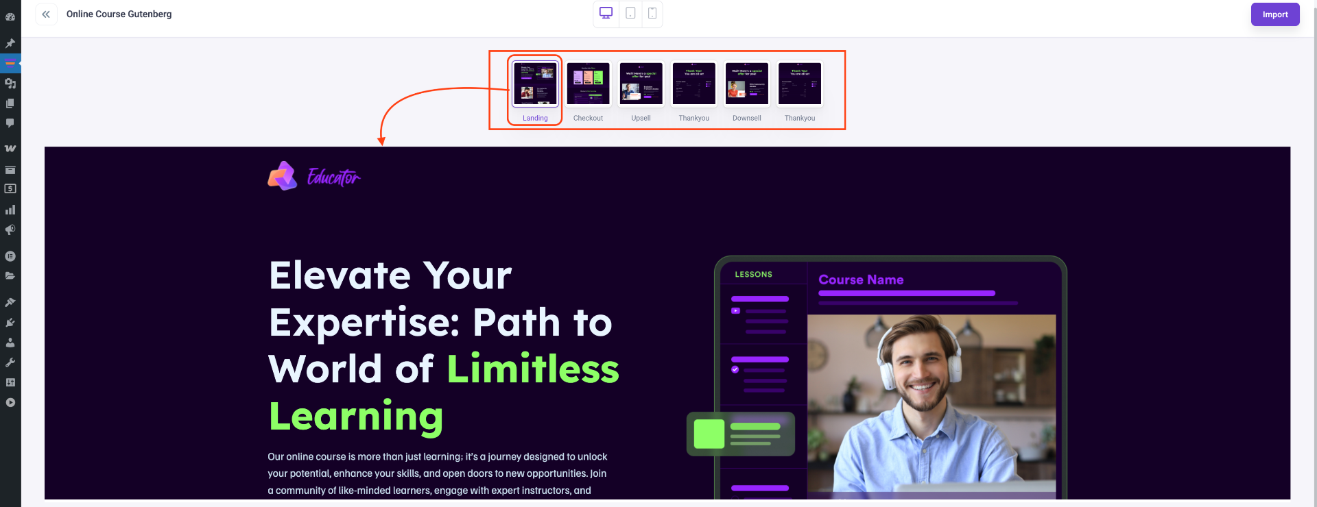 How To Import Gutenberg Templates For Funnel 6 Click Import or Preview