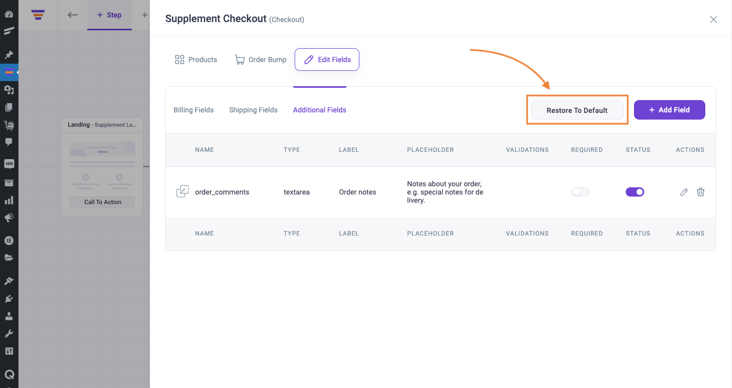 Checkout field editor - restore to default