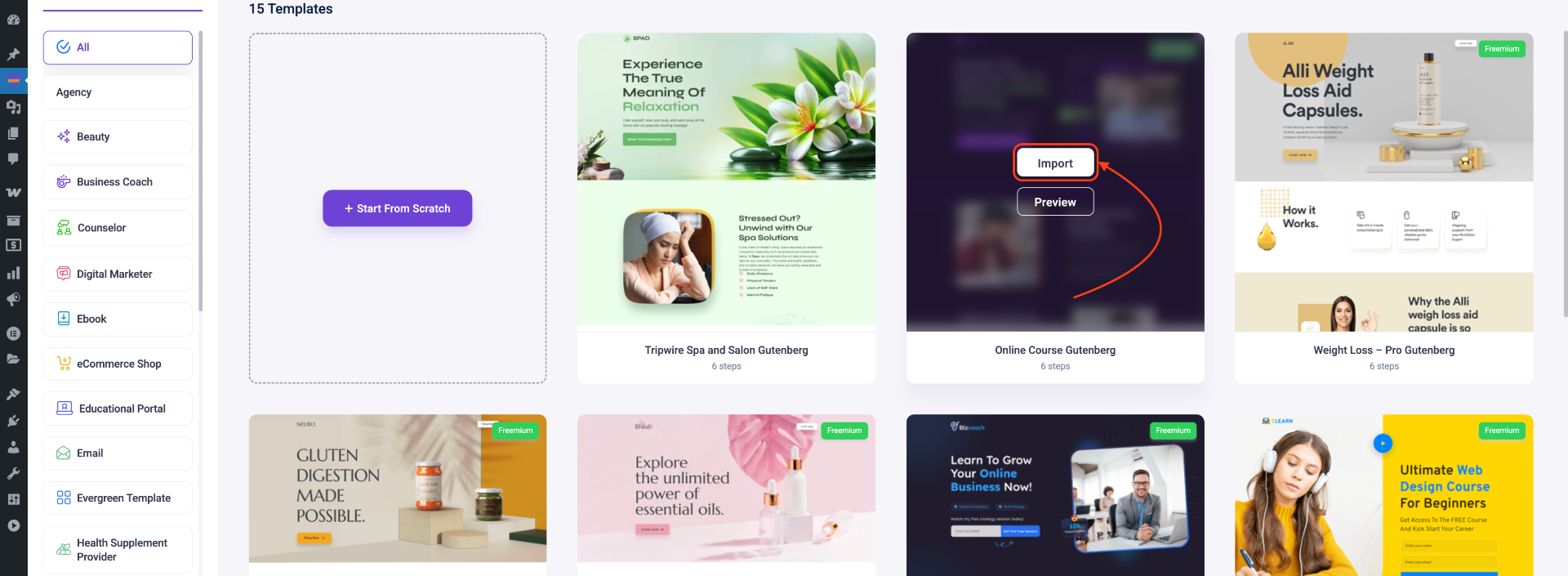 How To Import Gutenberg Templates For Funnel 5 Click Import or Preview