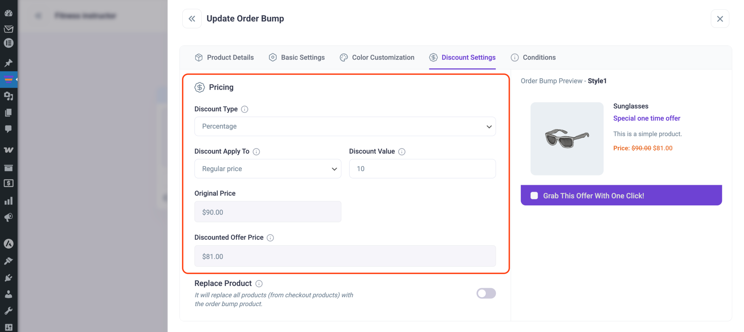 Order bump percentage discount