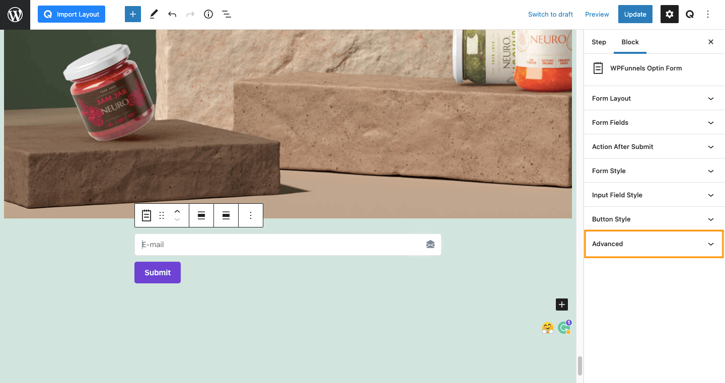Optin Form advanced edit - Gutenberg