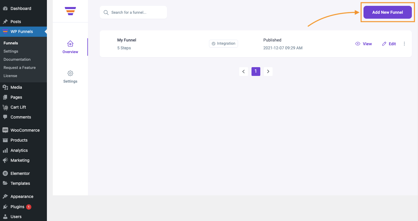 How To Import Premium Gutenberg Templates 5 WPFunnels - Add New Funnel button