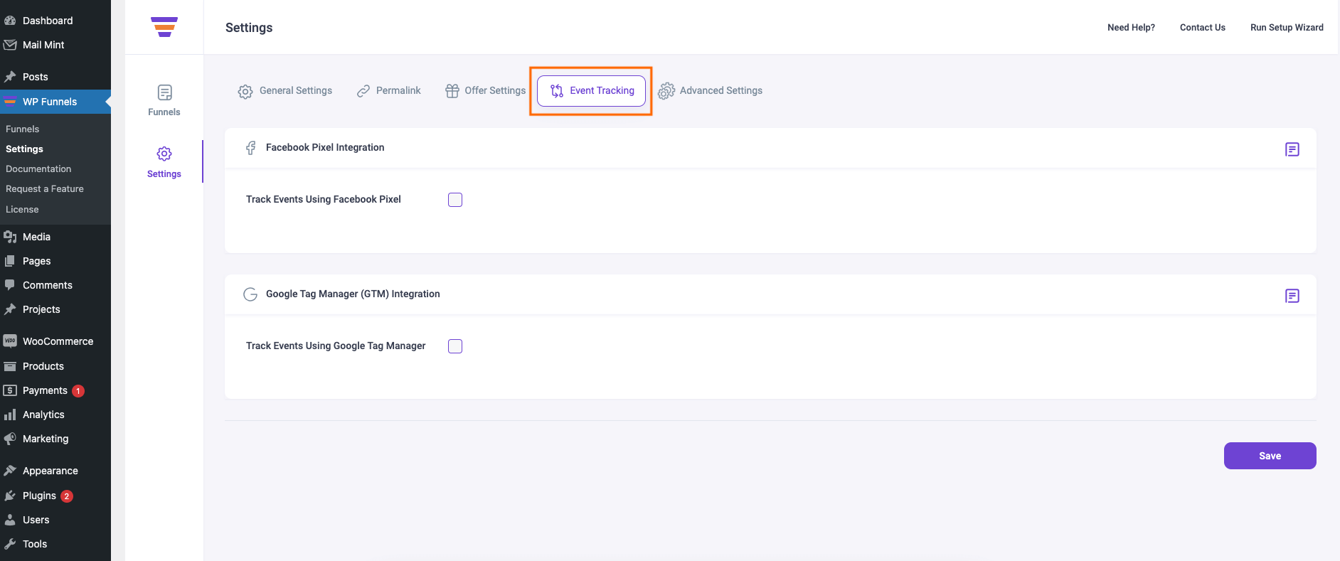 WPFunnels Settings - Event Tracking