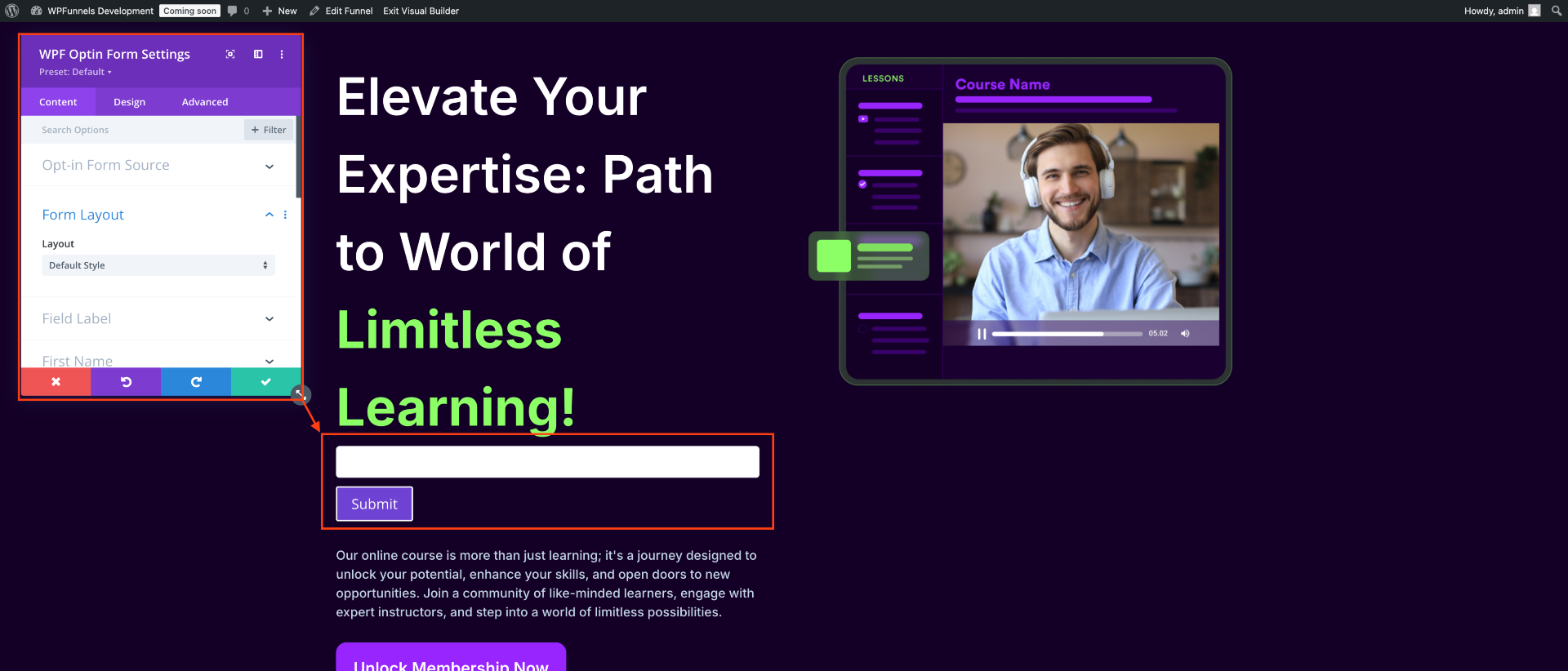 Insert WPFunnels Optin Form Module