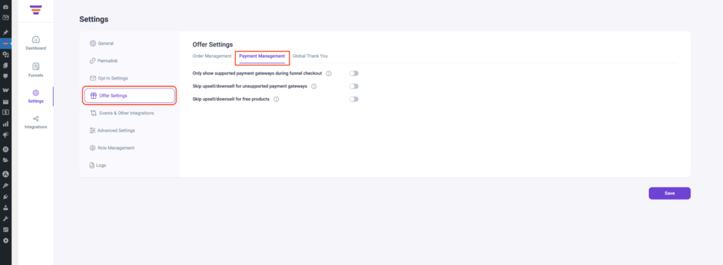 Offer Settings-Payment Management 