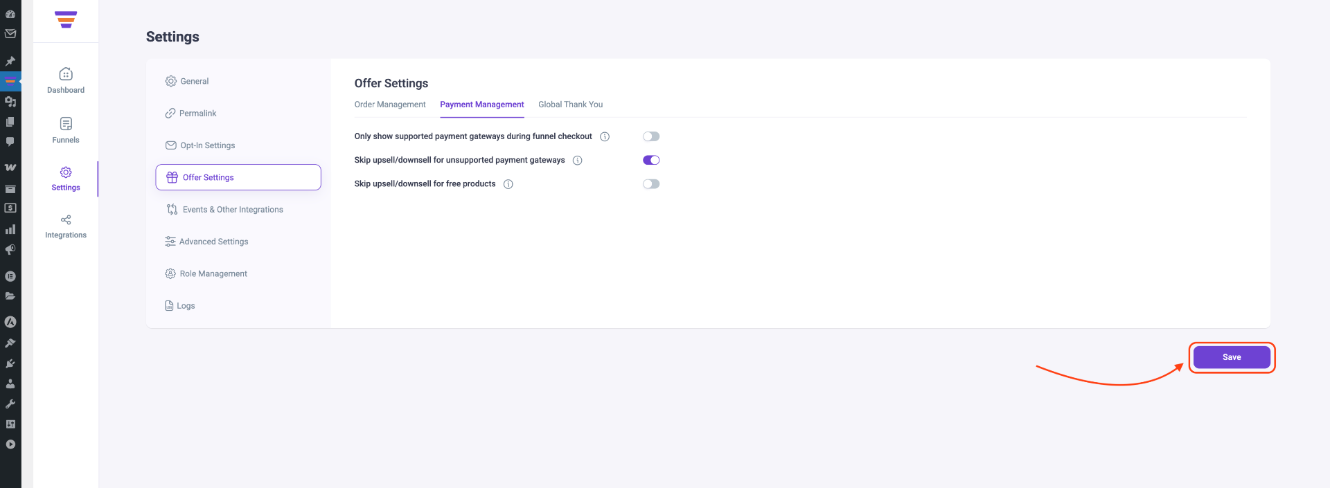 Offer Settings - Save