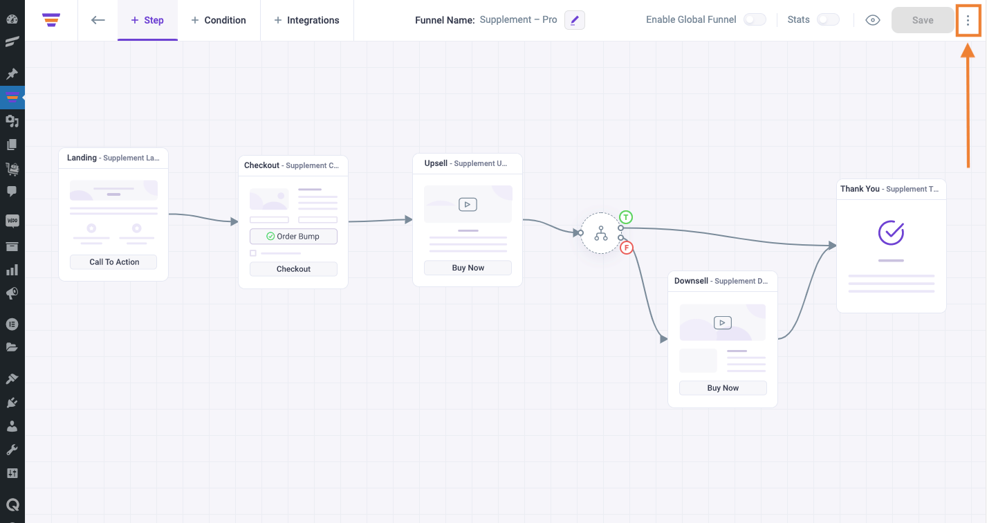 WPFunnels Canvas - 3 dots Menu