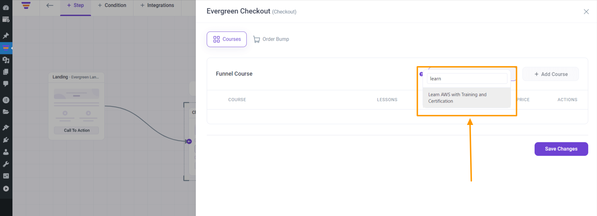 Configure Course Funnel Enrollment Checkout 3 Insert a course into the checkout step