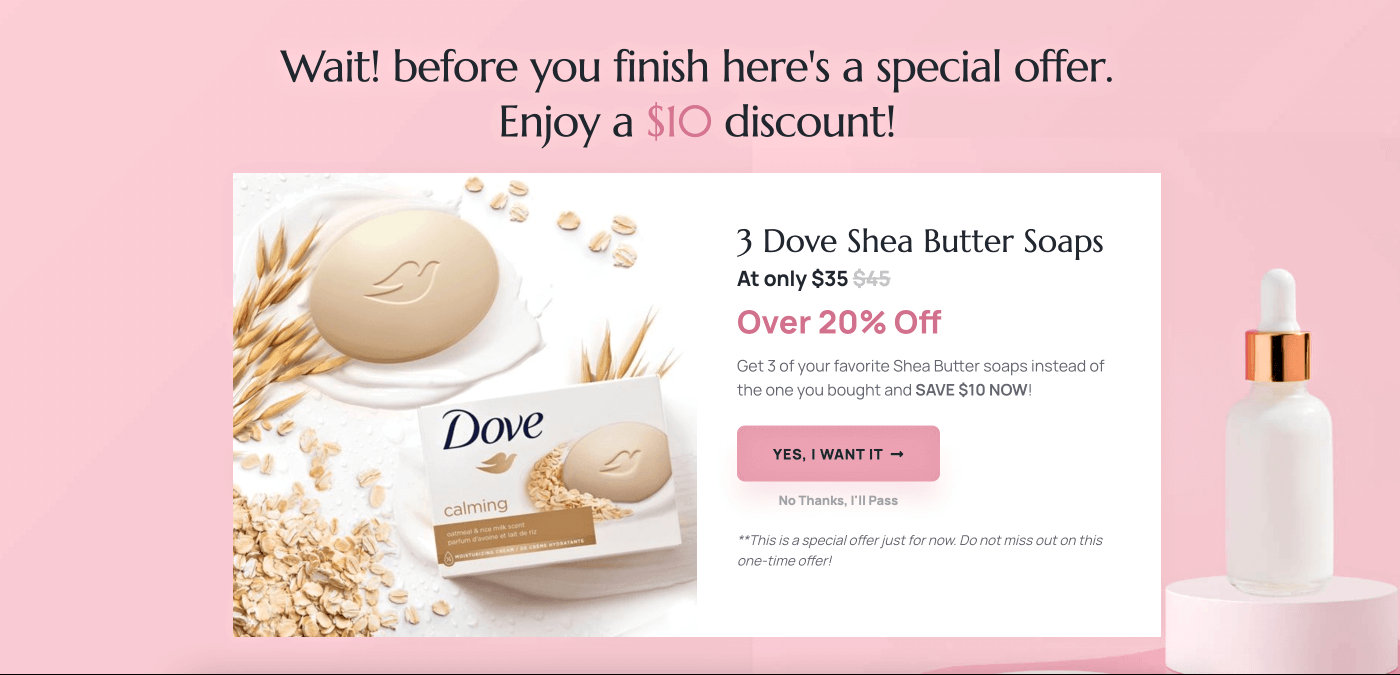 3 dove soaps as the quantity upsell offer