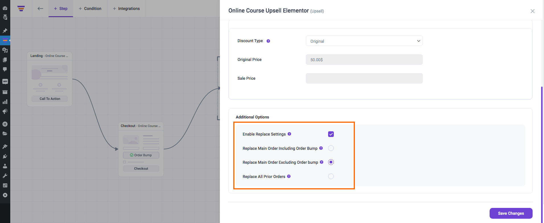 Configure replace settings in WPFunnels Upsell