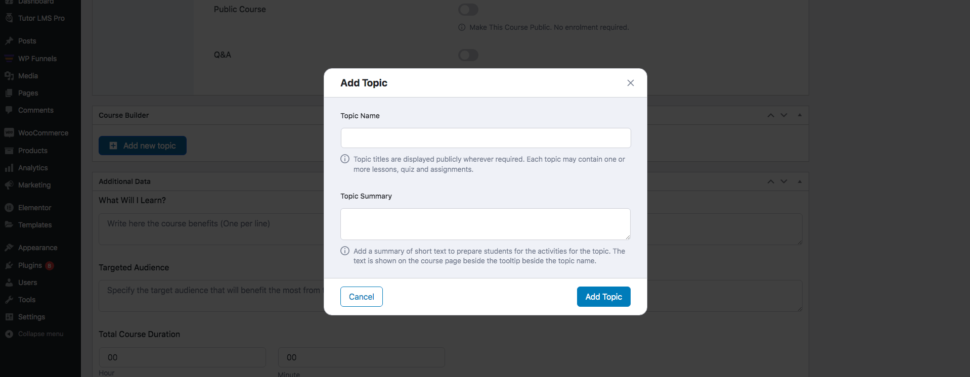 Configure Tutor LMS course topic