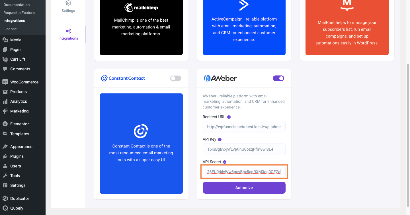 AWeber - setup Client Secret (API secret)