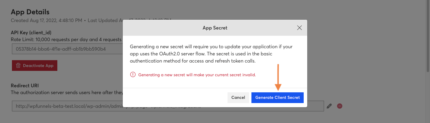 Client secret popup