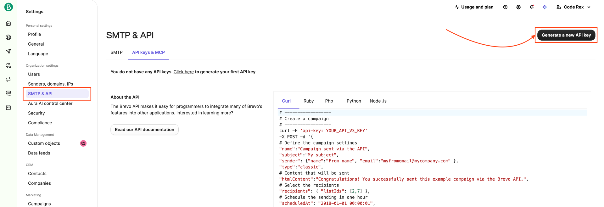 SendinBlue - Create A New API Key