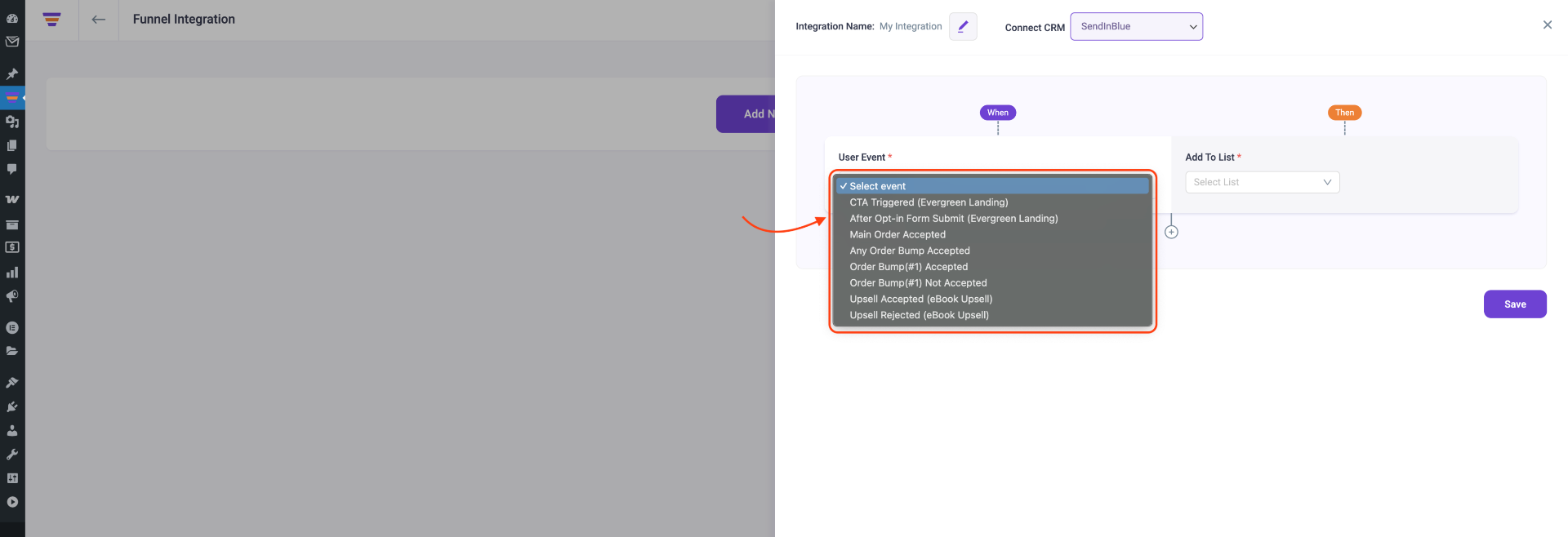 Setup user event & configure list