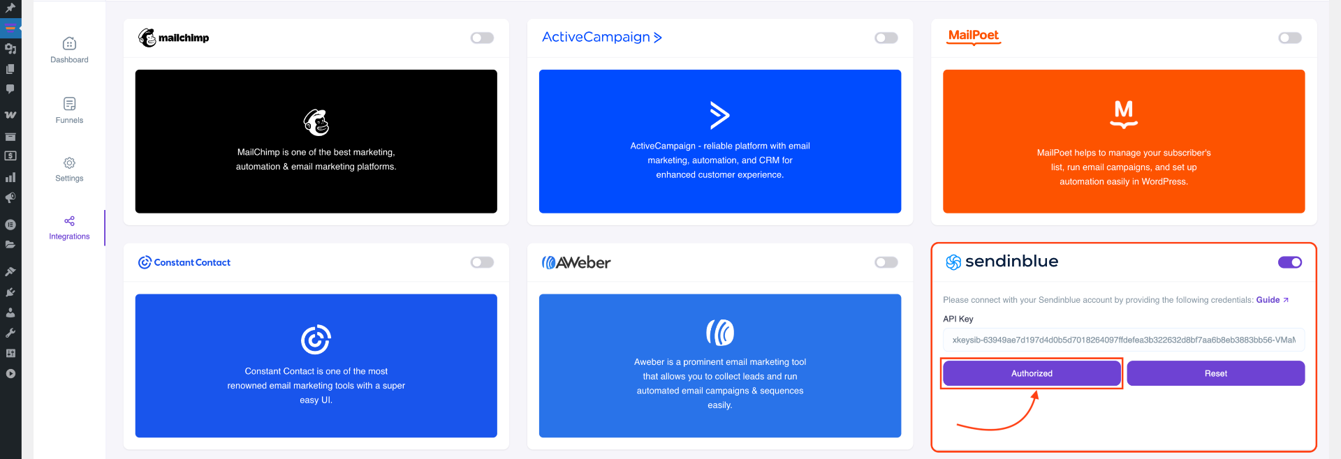 WPFunnels Integrations tab