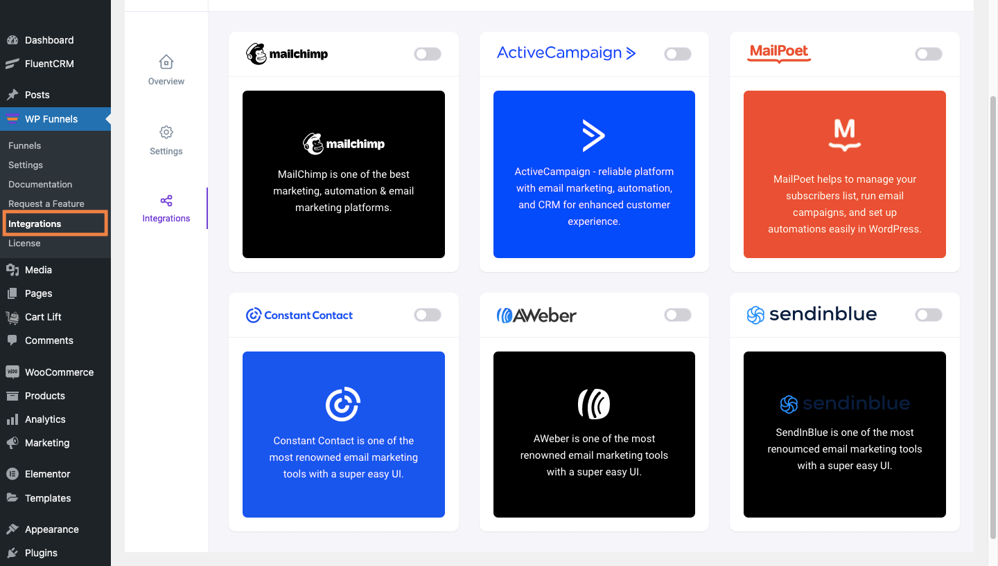 WPFunnels Integrations tab