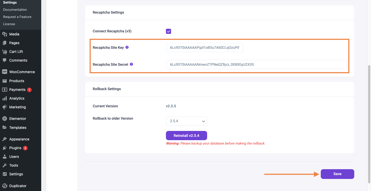 Set reCAPTCHA keys