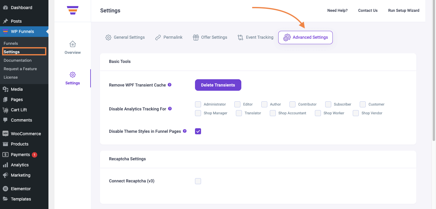 WPFunnels Advanced Settings