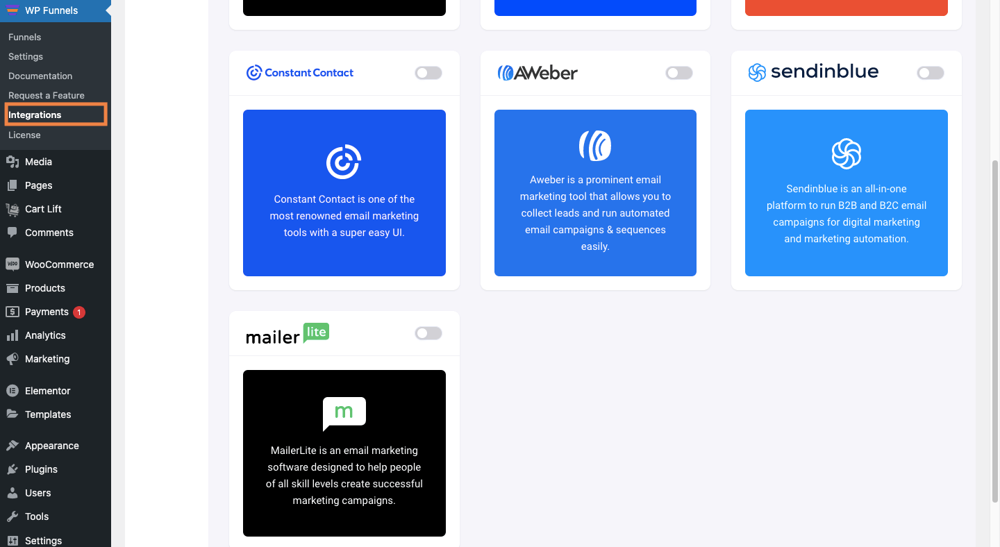 WPFunnels Integrations tab