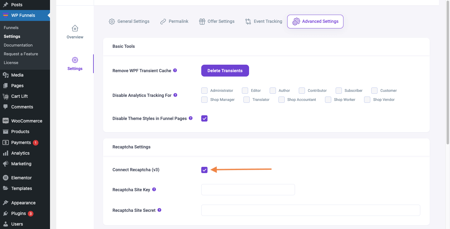 WPFunnels reCAPTCHA Settings