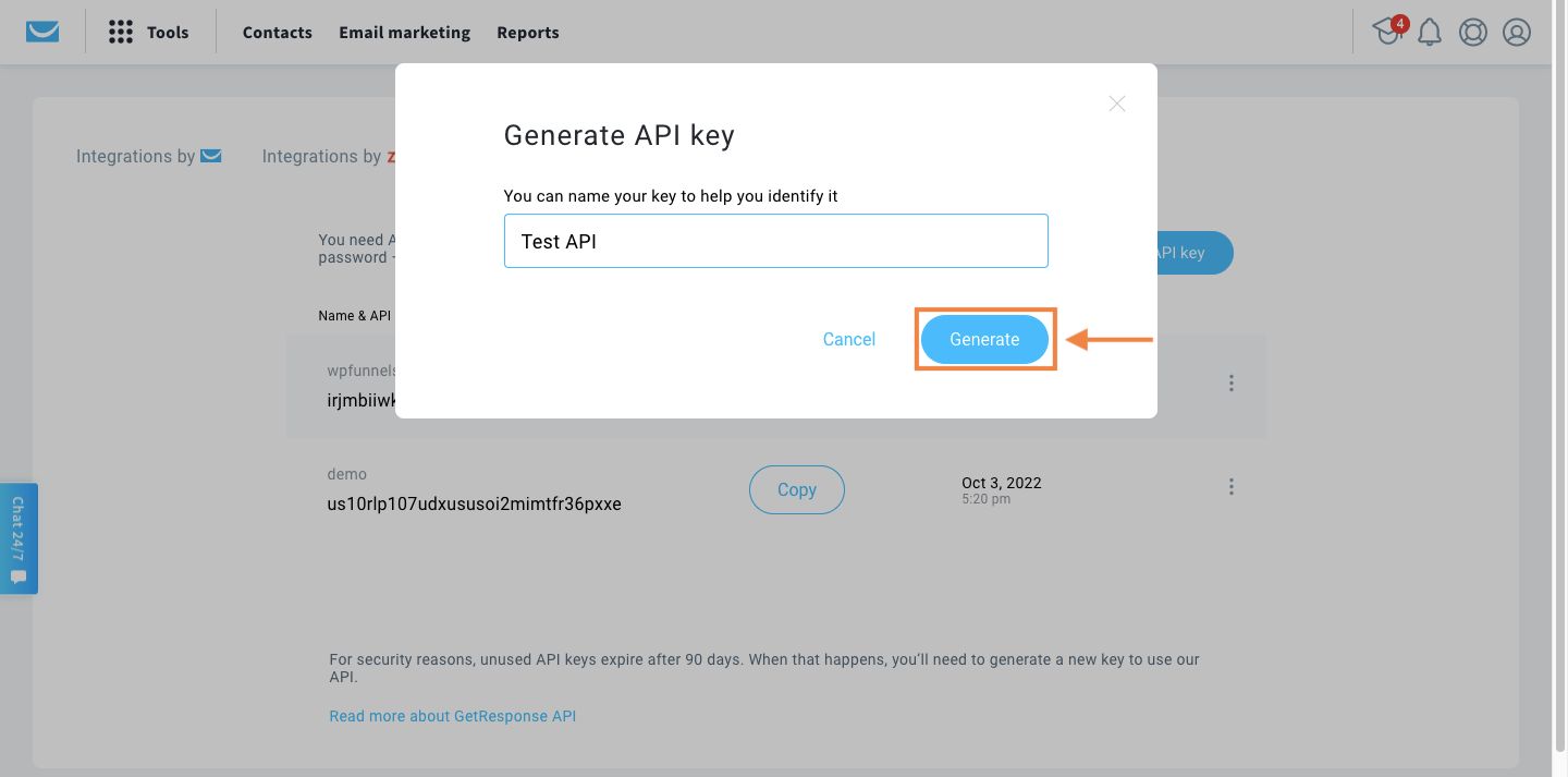 GetResponse - finish generating API key