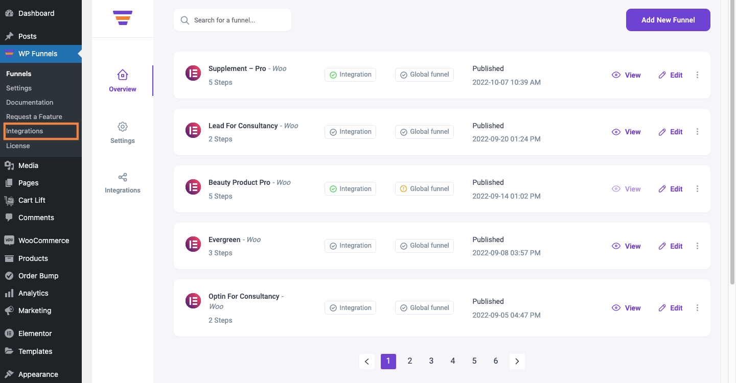 WPFunnels Integrations tab