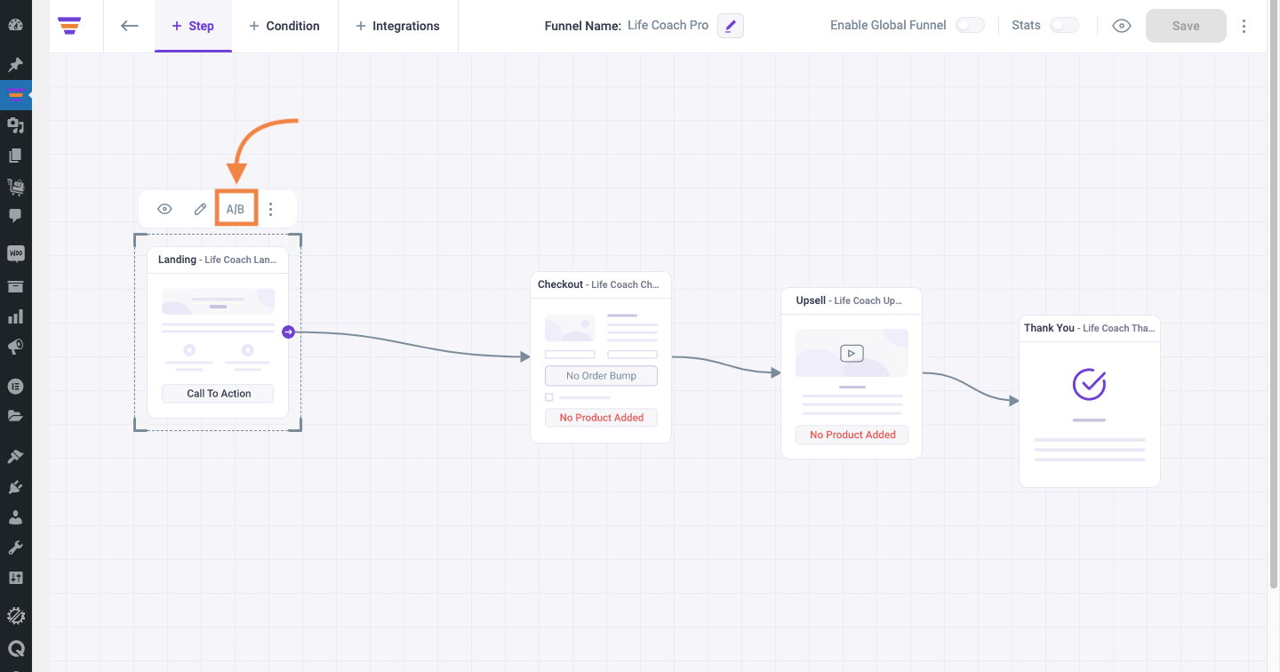 WPFunnels landing step options