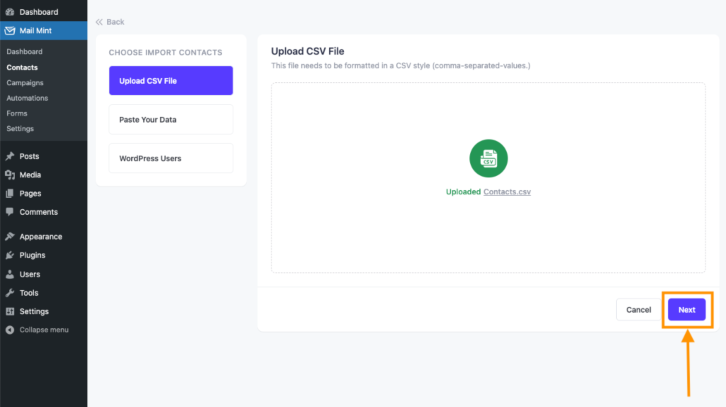 How to Import Contacts Using CSV File In Mail Mint 2 Upload CSV File