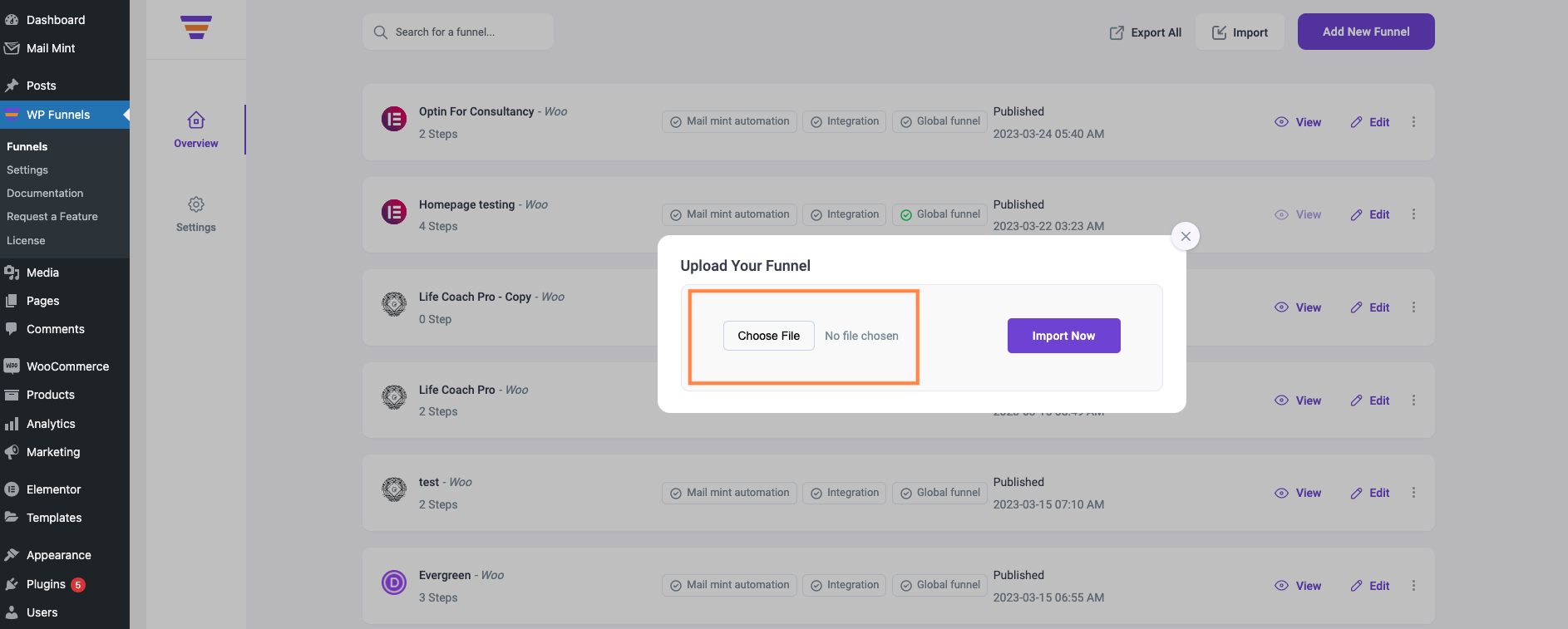 Export/Import Funnels 4 Choose File