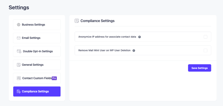 Compliance Settings - Mail Mint