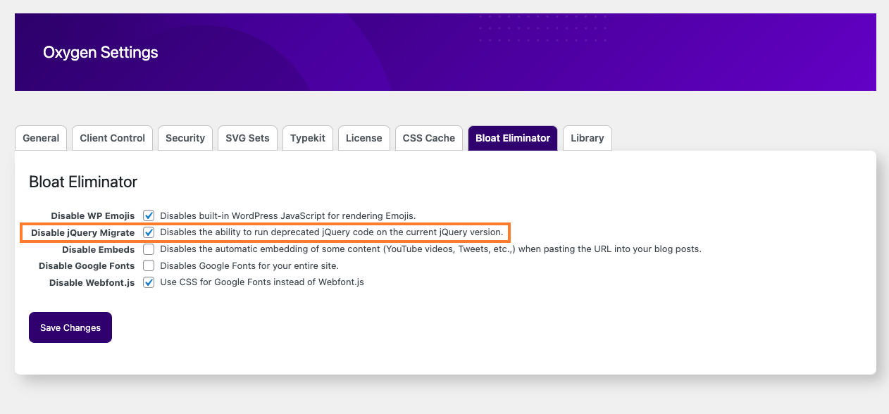 Disable jQuery Migrate in Oxygen