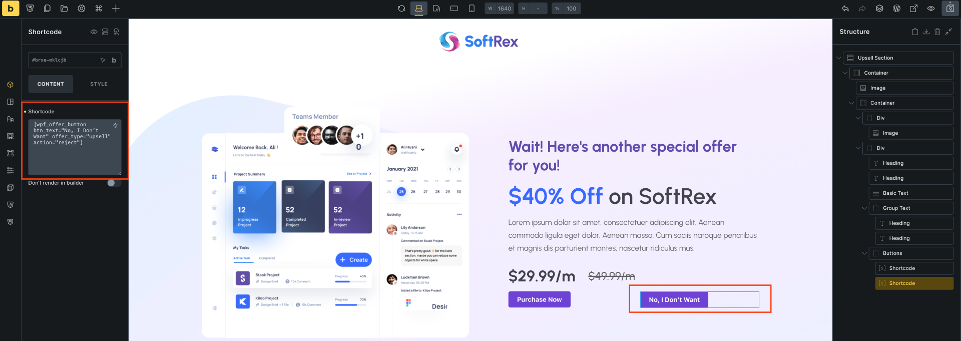 How To Use WPFunnels Shortcode In Bricks Builder 18 Offer button shortcode - reject offer