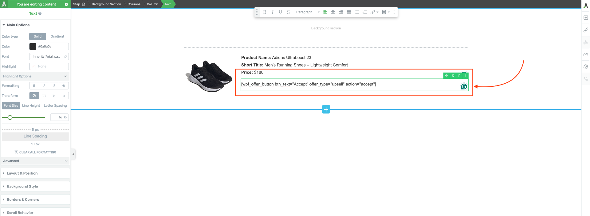How To Use WPFunnels Shortcode In Thrive Architect 17 Offer button Shortcode - accept offer