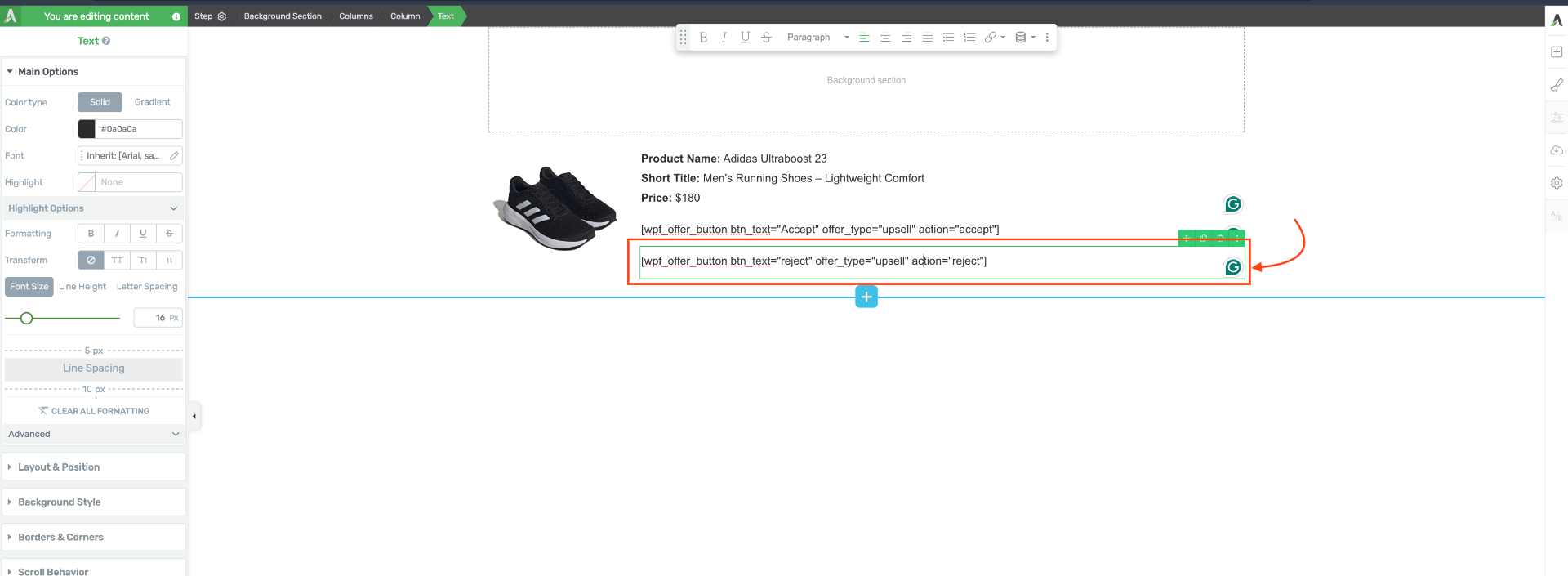 How To Use WPFunnels Shortcode In Thrive Architect 18 Offer button shortcode - reject offer